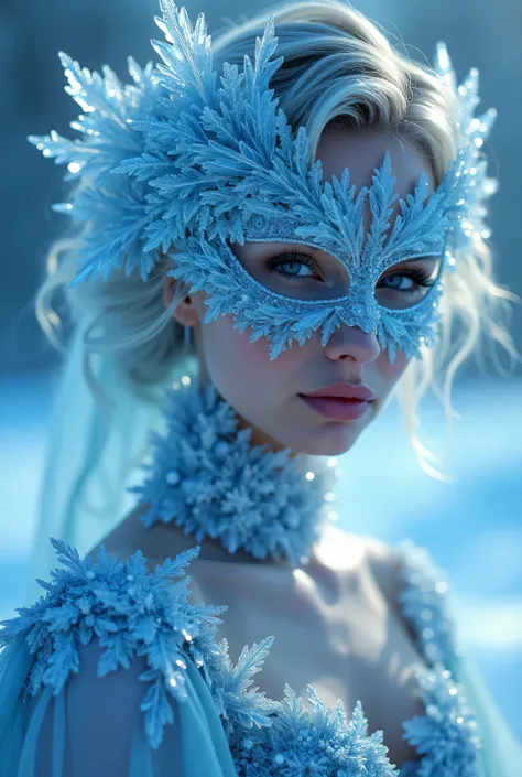 /imagine 8K studio photo of a frost-themed masquerade queen: her mask and gown are crafted from translucent ice crystals and diamond dust, refracting prismatic light under high-key studio strobes. Shot with a Sony A7R IV and macro lens, capturing frostbite...