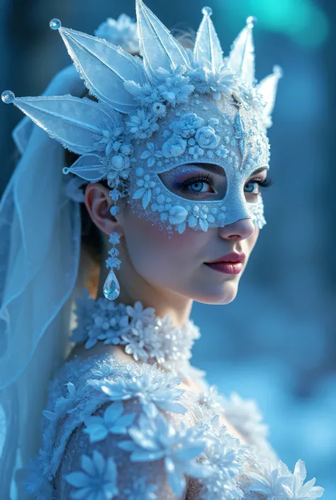 /imagine 8K studio photo of a frost-themed masquerade queen: her mask and gown are crafted from translucent ice crystals and diamond dust, refracting prismatic light under high-key studio strobes. Shot with a Sony A7R IV and macro lens, capturing frostbite...