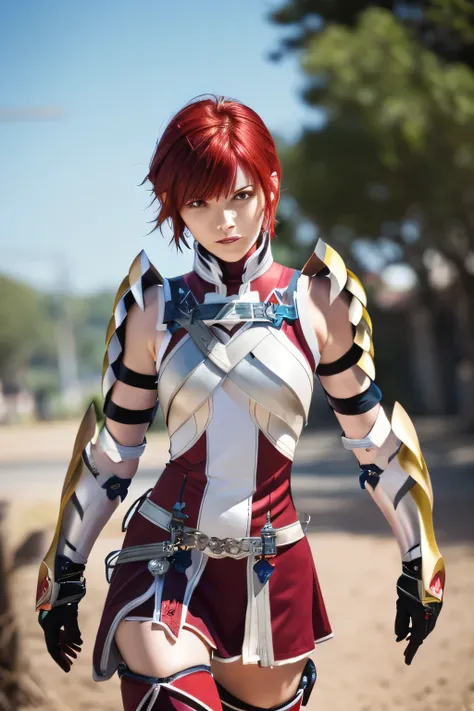  perfect anatomy　 top quality,  highest resolution,((( Shiny Outfit 　Shiny red hair　 Shiny Shoulder Armor　Shiny Gauntlets 　 short hair　  red eyes　 shiny skin　 Shiny Thigh-High Boots )))　Hinoka　 