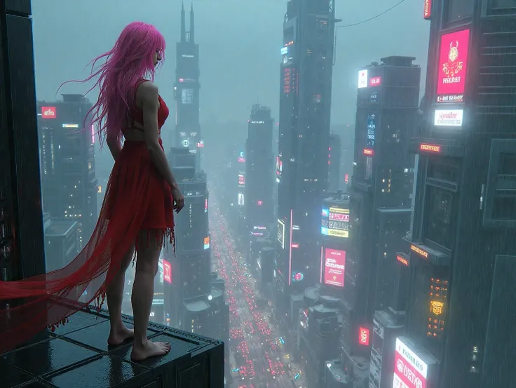 A cyberpunk city illuminated on a rainy day and featuring a character with pink hair looking from above a tall building wearing a torn red dress and barefoot 