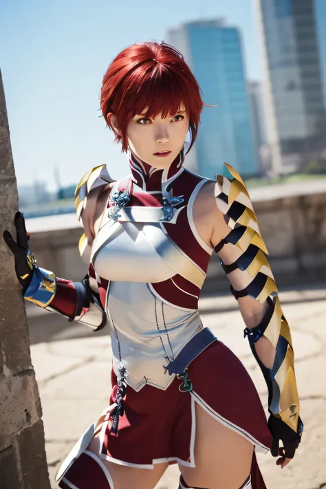 perfect anatomy top quality, highest resolution,((( Shiny Outfit Shiny red hair Shiny Shoulder Armor Shiny Gauntlets short hair red eyes shiny skin Shiny Thigh-High Boots ))) Hinoka