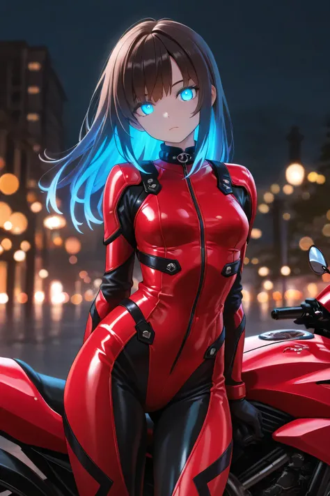 masterpiece, best quality, amazing quality, hyper-detailed, 1girl, goth, brunette hair, bangs, blue eyes, dark ambient, outdoors, standing infront of a red motorcycle, red motorcycle suit, shiny skin, small breasts, glowing hair, glowing eyes, head tilt, l...