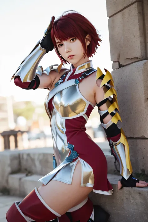  perfect anatomy　 top quality,  highest resolution,(((shiny short dress 　Shiny red hair　 Shiny Shoulder Armor　Shiny Gauntlets 　 short hair　  red eyes　 shiny skin　 Shiny Thigh-High Boots )))　Hinoka　 