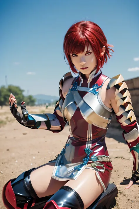 perfect anatomy top quality, highest resolution,(((shiny latex short dress Shiny red hair Shiny Shoulder Armor Shiny Gauntlets short hair red eyes shiny skin Shiny Thigh-High Boots ))) Hinoka