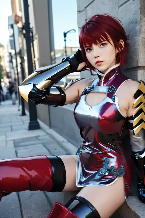 perfect anatomy top quality, highest resolution,(((shiny latex short dress Shiny red hair Shiny Shoulder Armor Shiny Gauntlets short hair red eyes shiny skin Shiny Thigh-High Boots ))) Hinoka