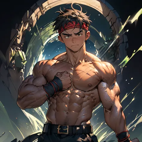 ((masterpiece, best quality, dynamic angle, dynamic pose, acrobatic pose)), (((((Black Background, Dark night, (Depth of field:1.2), combat:1.2, fighting pose:1.2, upper body, Fist bump:1.2))))), (1 boy, Young guy, muscler, Shirtless, topless), ((((Wounded...