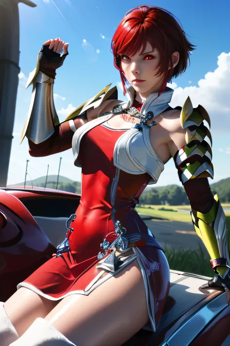  perfect anatomy　 top quality,  highest resolution,(((shiny latex short dress　Shiny red hair　 Shiny Shoulder Armor　Shiny Gauntlets 　 short hair　  red eyes　 shiny skin　 Shiny Thigh-High Boots )))　Hinoka　Riding a White Horse 