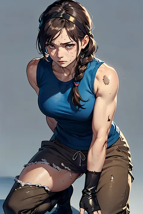 Female Fighter、 upper body up、  matured、  is shaking、 gets down on one knee、sweat、Bloodstain、Shabby、A body covered in wounds、 suffering 、 damage to skin、 tall  、  exists、   simple background  、 painful expression 、  gloves for legs only、  headband 、 single...