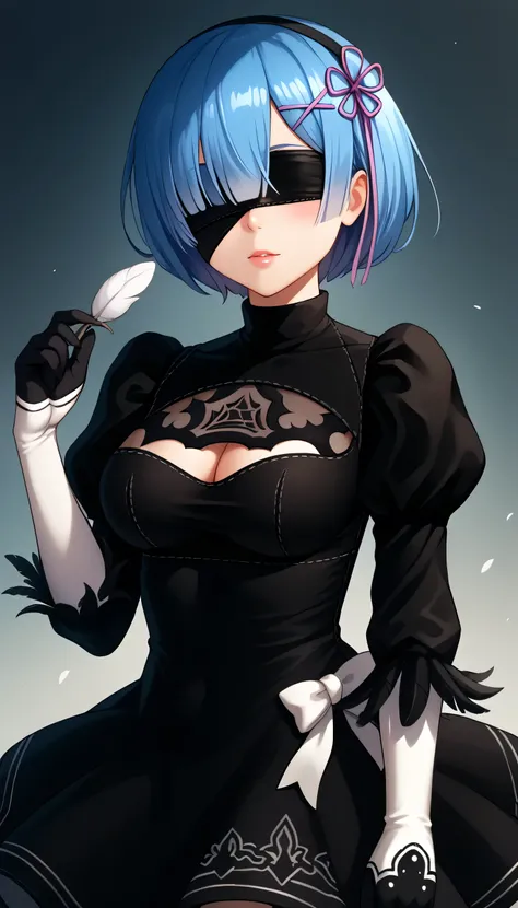 2bcosplay, 2b \(nier\:automata\) \(cosplay\), gloves, long sleeves, dress, puffy sleeves, black dress, clothing cutout, cleavage cutout, juliet sleeves, feather-trimmed sleeves, blindfold, black blindfold, covered eyes,rem_\(re:zero\)