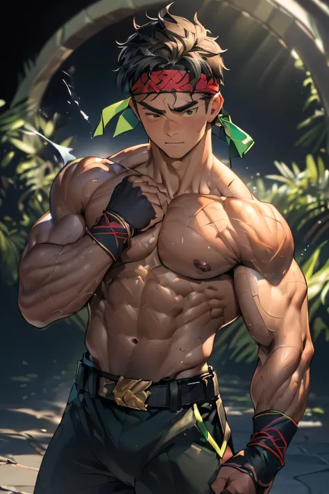 ((masterpiece, best quality, dynamic angle, dynamic pose, acrobatic pose)), (((((Black Background, Dark night, (Depth of field:1.2), combat:1.2, fighting pose:1.2, upper body, Fist bump:1.2))))), (1 boy, Young guy, muscler, Shirtless, topless), ((((Wounded...