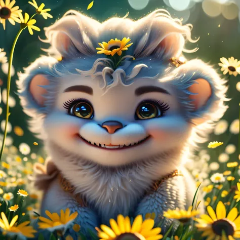 Adorable smiling fluffy alien sitting on a daisy in a professional photograph by Awwchang :: Luis Royo :: WLOP :: Artgerm Lau :: Anne Stokes :: natural deep colors