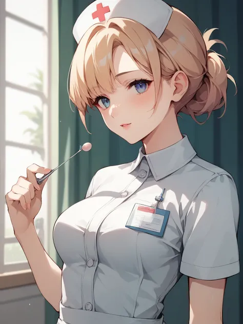  score_9,  score_8_up,  score_7_up,  source_Anime, nsfw，  uncensored，An anime nurse in a lace suit holds a bladder catheter in her hand