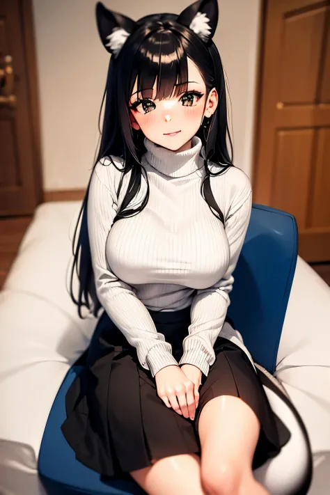 Thick skunk girl sitting on a chair, long black hair with a white stripe, long skunk tail and ears, wearing a turtleneck sweater and a black pleated skirt 