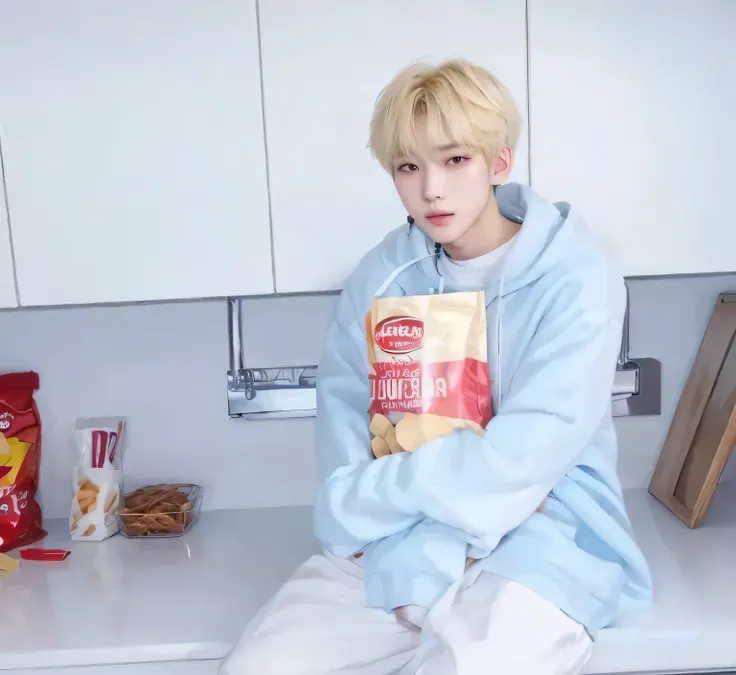 arafed boy sitting on a counter with a bag of chips, taehyung eating gucci fries, cai xukun, inspired by Kun Can, kim doyoung, inspired by Bian Shoumin, inspired by jeonseok lee, jungkook, yanjun chengt, jung jaehyun, male ulzzang, inspired by Yanjun Cheng...