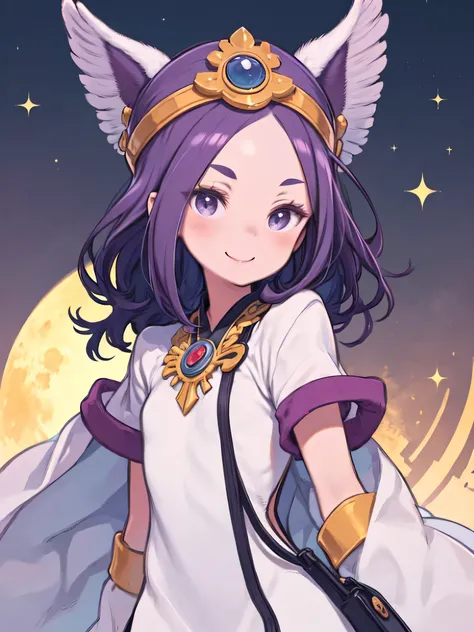  one woman、 Dragon Quest、Moonburg Princess、 purple hair 、 white robe、 upper body、 Smiling、No Shadow,  flat design ,  vector art、