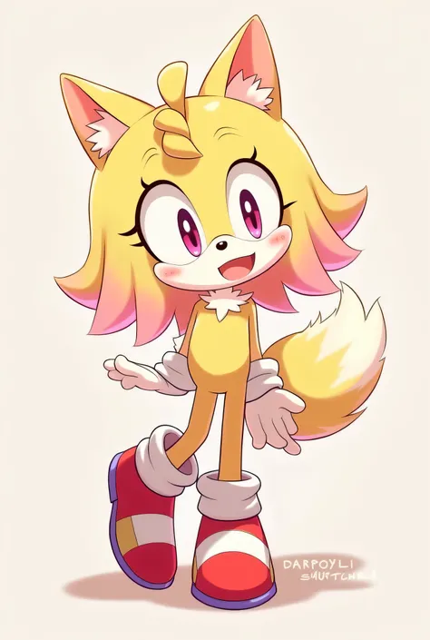  Female Sonic character who is a light yellow fluffy-tailed cat Beige with light pink tips not so noticeable wavy hair at the ends, medium-length hair and bright pink eyes that she is with Shadow speaking  