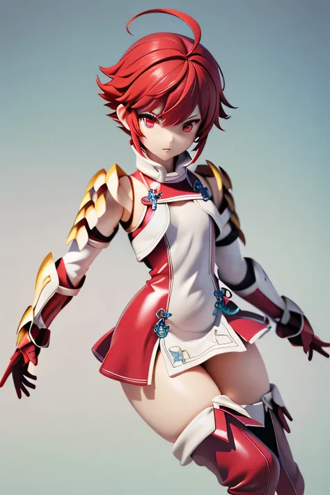 perfect anatomy top quality, highest resolution,(((shiny red and white latex short dress Shiny red hair Shiny Shoulder Armor Shiny Gauntlets short hair red eyes shiny skin Shiny Thigh-High Boots flat chest))) Hinoka