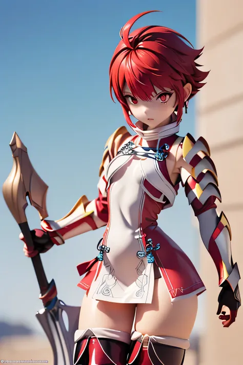  perfect anatomy　 top quality,  highest resolution,(((shiny red and white latex short dress　Shiny red hair　 Shiny Shoulder Armor　Shiny Gauntlets 　 short hair　  red eyes　 shiny skin　 Shiny Thigh-High Boots 　flat chest)))　Hinoka