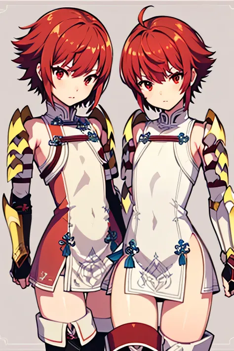 perfect anatomy top quality, highest resolution,(((shiny red and white latex short dress Shiny red hair Shiny Shoulder Armor Shiny Gauntlets short hair red eyes shiny skin Shiny Thigh-High Boots flat chest))) Hinoka