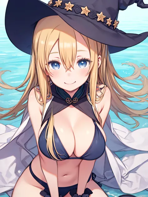  one woman、 bikini swimsuit with a sense of life、Pareo、 witch hat 、Big Breasts、 huge breasts、 cleavage、belly button、 blond hair、hair between eyes、 straight long hair、 blue eyes、 thighs、 knee-high socks、 upper body、 Smiling、Cape、