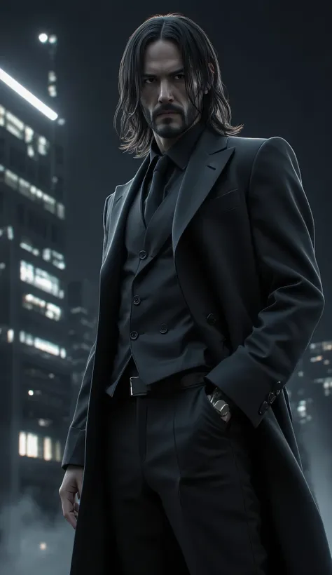 571151239
Alucard (with a look of John Wick, Keanu Reeves) wore an elegant black suit, stood in front of the tall building at night, with a light of the city behind him. This image displays a dark and intense atmosphere.
