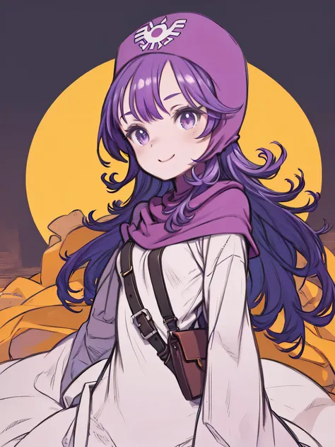 dqPOM、red hood, purple hair, Robe、purple hood, Robe、 masterpiece、 top quality、 high res、 very well detailed、(( FLAT COLOR ))、woman、 cute、 smiles、(dq pom、  purple hair, Robe、purple hood,  Robe、 big breasted)、