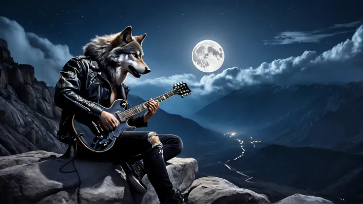  A lone wolf sitting on a rocky cliff under the light of the full moon , playing a black electric guitar . He wears a torn leather jacket ,  with intense eyes reflecting moonlight .  The wolf's tail sways slowly to the rhythm of the music .  The background...