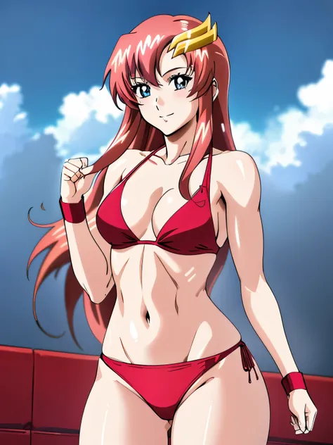 lacus4, (red bikini:1.5), (looking at the viewer:1.1), (thong:1.4), (tall girl:1.5), (toned biceps:1.4), (face details:1.1), masterpiece, (cowboy shot:1.5), very slim shoulders, 4K, (Best Quality:1.7), (Anime style:1.5), happy, Adult Woman, (cloud backgrou...