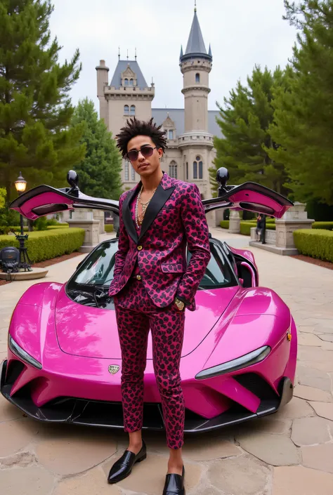 20 year old black boy, in a beautiful castle, with beautiful trees outside, and an open sports car. in all pink and black grif, swag, luxury drip, in luxury home, luxury lifestyle, in amasing mansion with big room