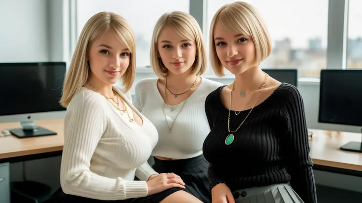 three girls, (s:1.5), masterpiece, best quality, hdr, hyper HD, 8k, bokeh, Ultra fine painting, sharpness, physics-based rendering, extremely detailed description, full body photo, looking at viewer, (long blond bob_cut hair), (smile:1.1), (big breasts:1.4...