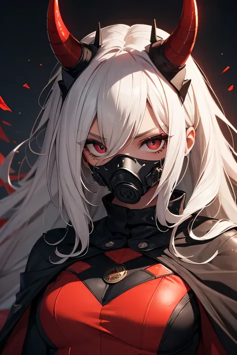 Hair: White and long, with wavy strands that seem to move on their own. Part of the hair covers one of the eyes, giving a mysterious air.
Eyes: Red and piercing, conveying intensity and aggressiveness.
Mask: Wears a black gas mask with red details, coverin...