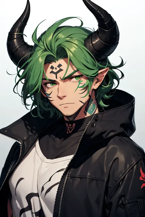 Hair: Black and messy, with green streaks that fall over his forehead and some parts of the side of his face.
Eyes: Yellowish and with a serious or tired look, conveying an air of coldness and disinterest.
Markings on the face: He has dark markings similar...