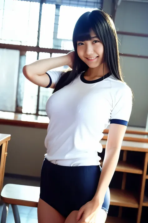  beautiful women、 black hair、 straight hair、 has bangs、smile、Big Breasts、 sexy body、white scoop neck shirt 、Dark blue buruma,Bloomers(Old Japanese Gym Uniform)、 standing in a school classroom