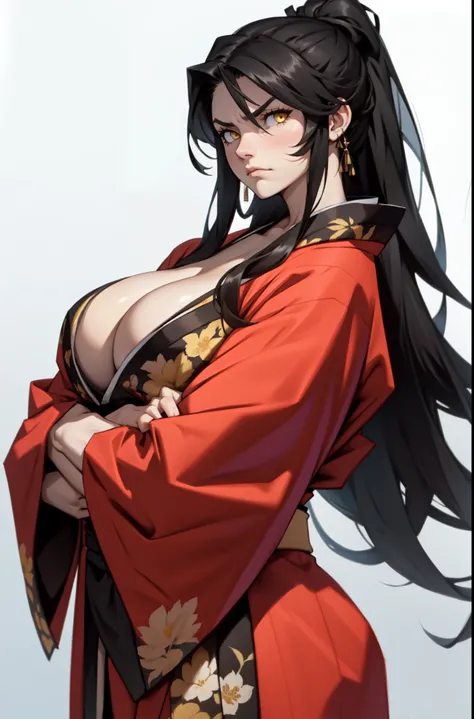 1girl black hair yellow eyes very long hair pale skin sad frown bodybuilder huge breasts muscular toned body ((kimono))