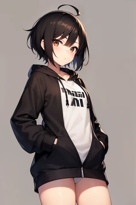 Anime style tomboy girl, very short black hair, brown eyes, small breasts, oversized hoodie 