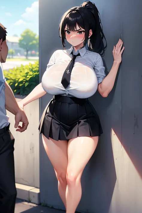 big breasts, black ponytail, humongous breasts, park, in park, kabedon, white shirt, black tie, angry, kanedon, annoyed, outside, park, black eyes, black eyes, pinned to wall, pinned to park wall, surrounded by guys, black hair, black ponytail , school uni...