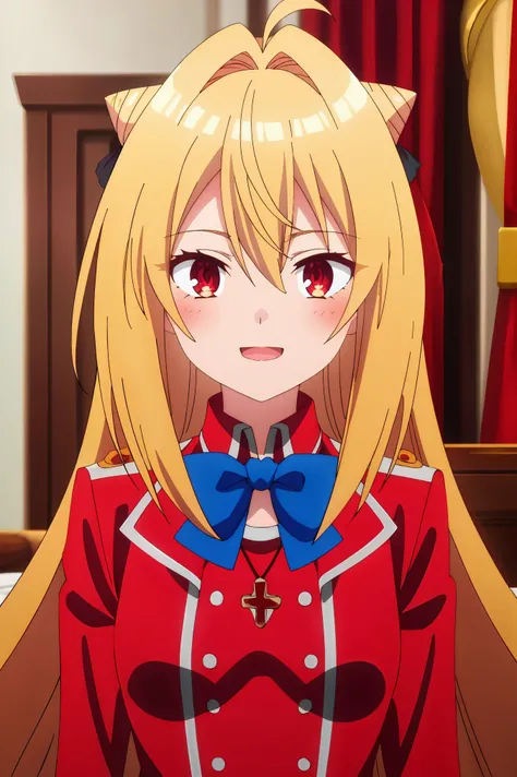(( Luchshee Kachestvo)),(( very detailed)), Masterpiece ,absurdities, detailed face, beautiful face,( looks at the viewer )  1girl,  terakomari ,  blond hair,  long hair,  Red eyes , One,  open mouth, ( mouth open : 1.3),  looks at the viewer , a gift,  ha...