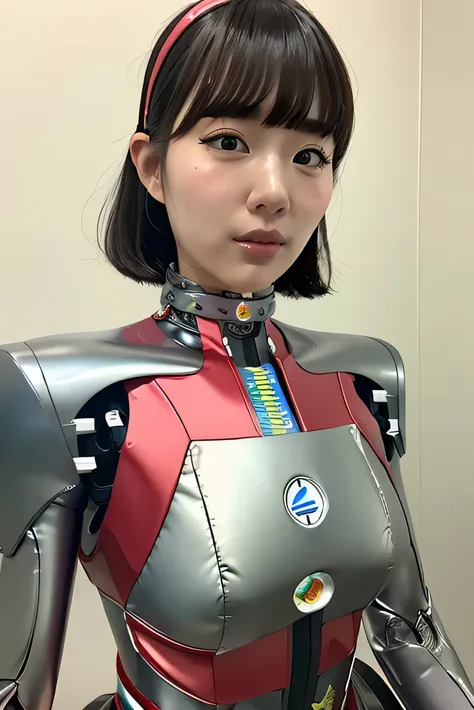 masterpiece, best quality, extremely detailed,portrait,front view,Japaese android girl,Plump,race queen costume, control panels,android,Droid,Mechanical Hand, Robot arms and legs,Blunt bangs,long tube,thick cable connected her neck