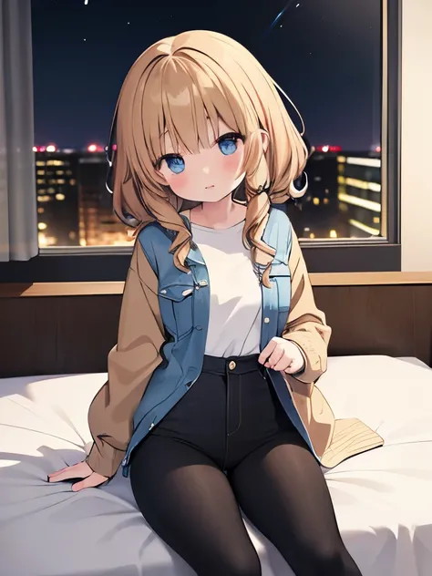 1animegirl, medium-long light brown curly, short denim jacket, white shirt, black spendex leggings, ripped leggings, sitting on the bed, dimlihhting, night time, cute, absurdres, high res, ultrasharp, 8K, masterpiece,