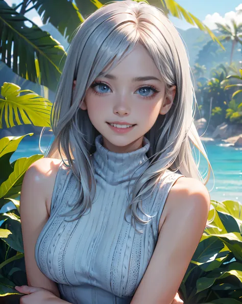 nsfw， high res、 (( anatomically accurate 1.2))、最  high quality、  Textured Skin  、  8k octane  、
 Masterpiece,   high quality, 最  high quality,  super detailed,  Genuine ,   girl、（Big Breasts 1.3)，((sleeveless knit turtleneck dress)), (  silver hair),   str...