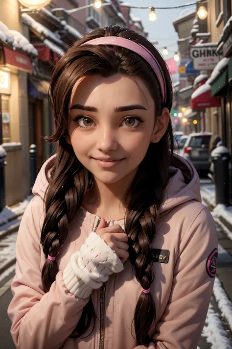 An impressive and intricate full color portrait, Ultra-HD a girl, brown hair with 2 braids, brown eyes, pink headband, detailed face, dressed in a winter jacket, no logos, epic character composition, alessio albi, nina masic, sharp focus, natural lighting,...