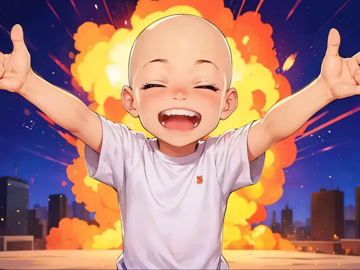 Boy with a shaved head raising his hand、Upper body portrait、 expand hands、smile、 explosions in the background 、Gag manga