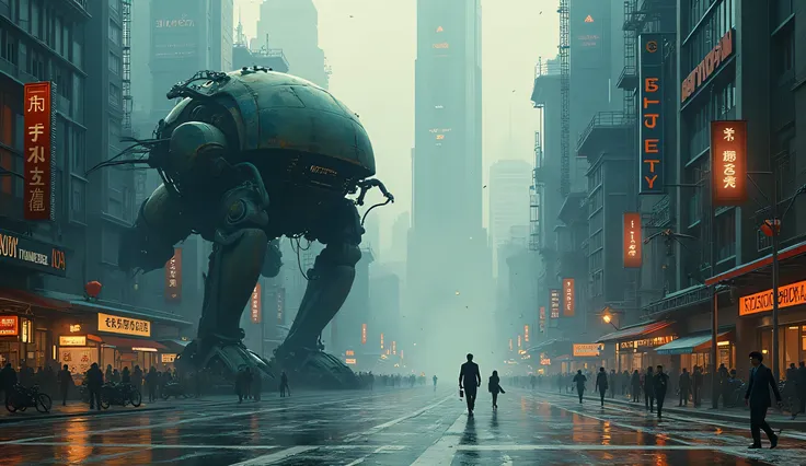 Contemporary surrealist futuristic illustration, surreal fantasy futuristic city, surreal robot machine on the street, art by Bill Carman, professional ominous concept art, by artgerm and greg rutkowski, an intricate, elegant, highly detailed digital paint...