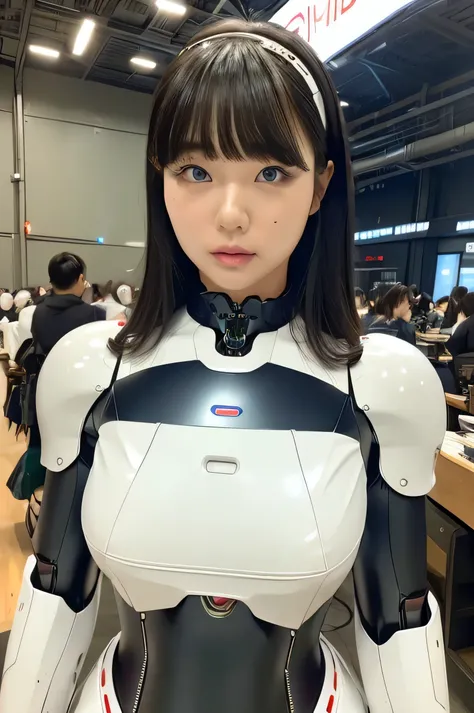 masterpiece, best quality, extremely detailed, Japaese android girl,portrait,Plump,a bit chubby,control panels,android,Droid,Mechanical Hand, Robot arms and legs, Black hair,Blunt bangs,perfect robot girl,long tube,thick cable connected her neck,android,ro...