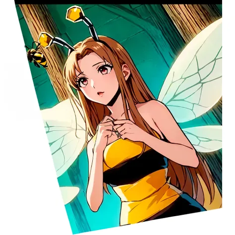 anime picture of a woman dressed in a bee costume holding a book, fantasy beekeeper, insect trainer girl, (bee), anime, , hive, honey, garota sexy, sensual, peitos grandes, abelha sexy, sensual, decote, bochechas coradas