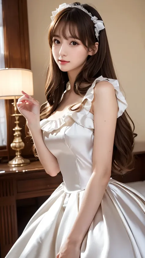 (((Top Quality))), (((Masterpiece))), (((Detail))), tall, looking at camera, face-to-face, silver shiny silk satin ruffle girly empire length wedding dress, hands thrust forward, Japanese, brown hair, long hair, gorgeous room,. Gorgeous ribbon hair accesso...