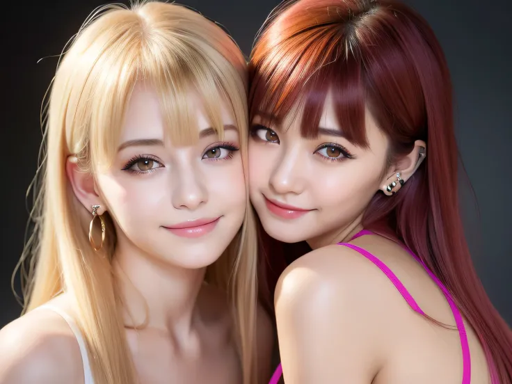 (nsfw), ((( pussy-to-pussy , 2girls , yuri ))), ((nudes ,  beautiful pussy line , huge breasts ,  big areolas  , Erected Nipples )),(((super cute , Japanese face  , red eyes , 18 year old high school girl , blonde hair, long hair , straight hair , pink hai...