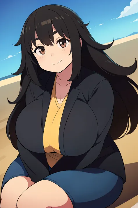 Chubby girl with big breasts black hair brown eyes happy long messy hair smiling black sports jacket