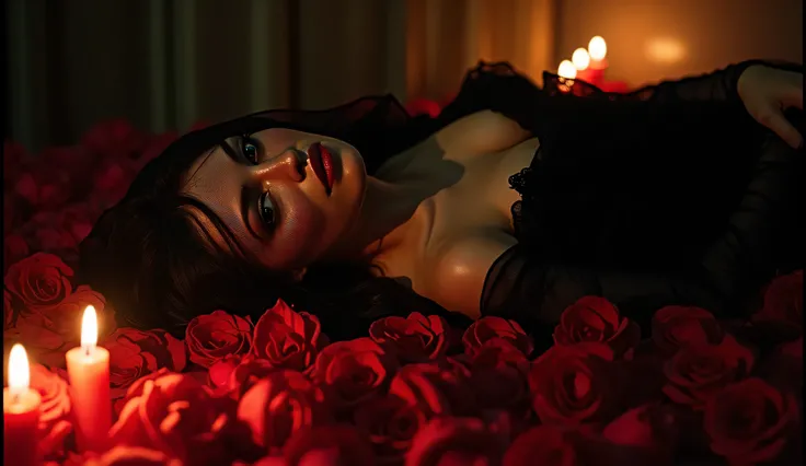 (Erotic surrealism:1.5) photo of a woman in a sheer black veil draped across her face, lying on a bed of roses in a darkened room, her body partially concealed by cascading petals, tight framing focusing on the interplay of fabric and flower, under candlel...