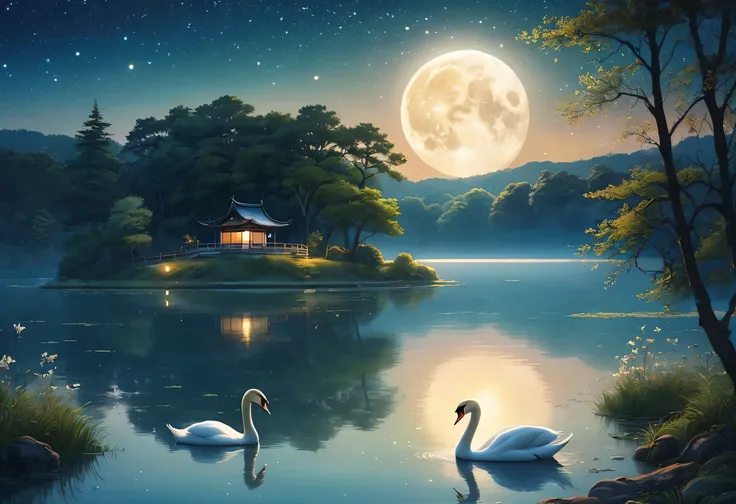  ■ Picture of a lake with swans and the moon in the sky, 夢のような Landscape,  Dreamy Scene Paintings ,  Mysterious Lake View ,  Dreamy Continuous , Mystical Night, Detailed dreamscape,  Landscape, A dreamlike night, Starry Sky in Space ,  Starry Sky Paintings...